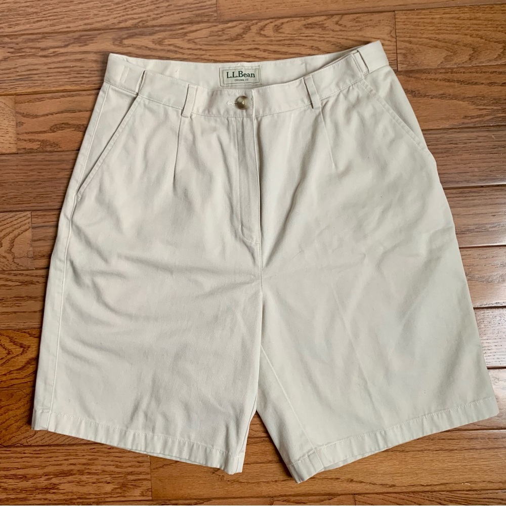 LL Bean Shorts Women 12 30x8.5 Khaki High Rise Chino Twill Pockets Elastic Waist